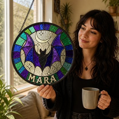 Custom Name Halloween Bat Suncatcher - Personalized Stained Glass Decoration - Halloween Gift mockup-held-6a8293d3d2a44ea0d6997354.png