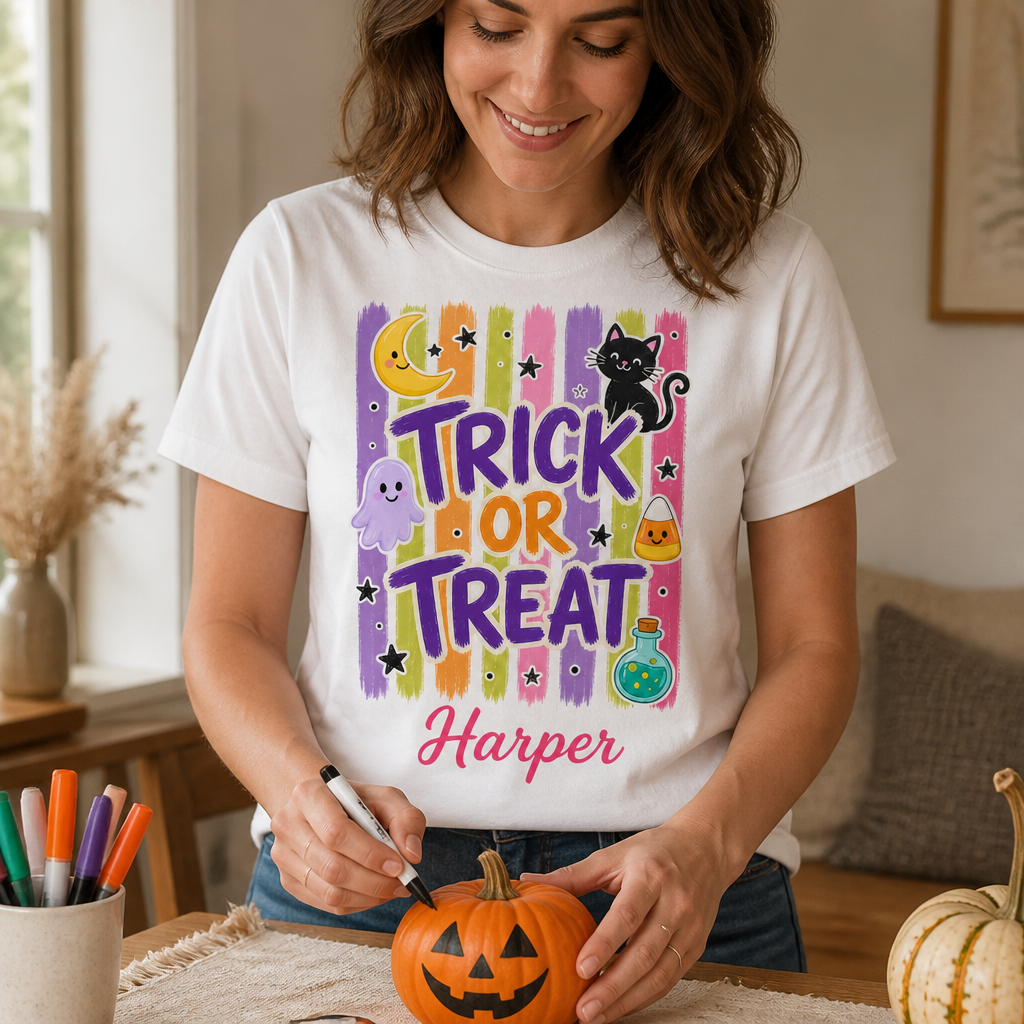 Trick or Treat – Personalized T-shirt – Halloween Gift For Friends, Family mockup-held-6a82964ed2a44ea0d6997359.png