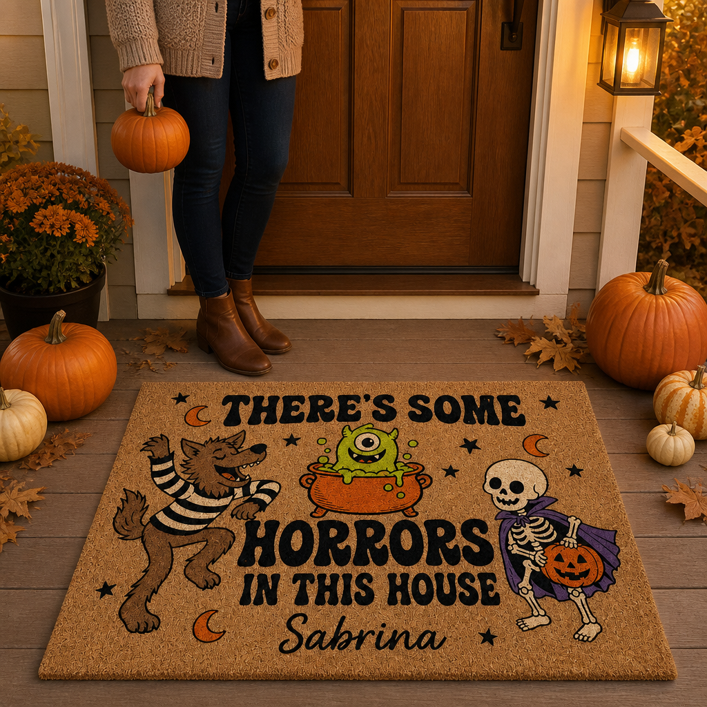 Theres Some Horrors in This House - Personalized Funny Halloween Doormat – Halloween Gift For Family, Friends mockup-held-6a82abaa319628b11ce31bc1.png