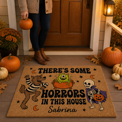 Theres Some Horrors in This House - Personalized Funny Halloween Doormat – Halloween Gift For Family, Friends mockup-held-6a82abaa319628b11ce31bc1.png