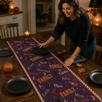 Custom Family Name Halloween Theme – Personalized Table Runner – Halloween Gift For Family mockup-held-6a82ad1b319628b11ce31bc5.png