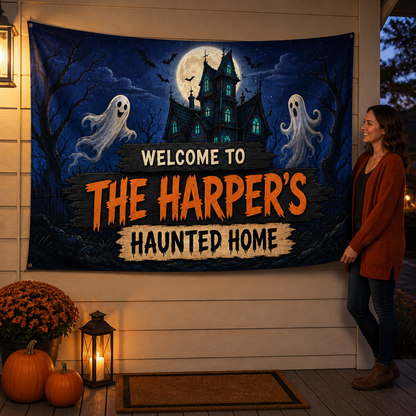 Welcome To Haunted Home – Personalized Family Flag – Halloween Gift mockup-held-6a82ad695b56287c2cc9c9d6.png