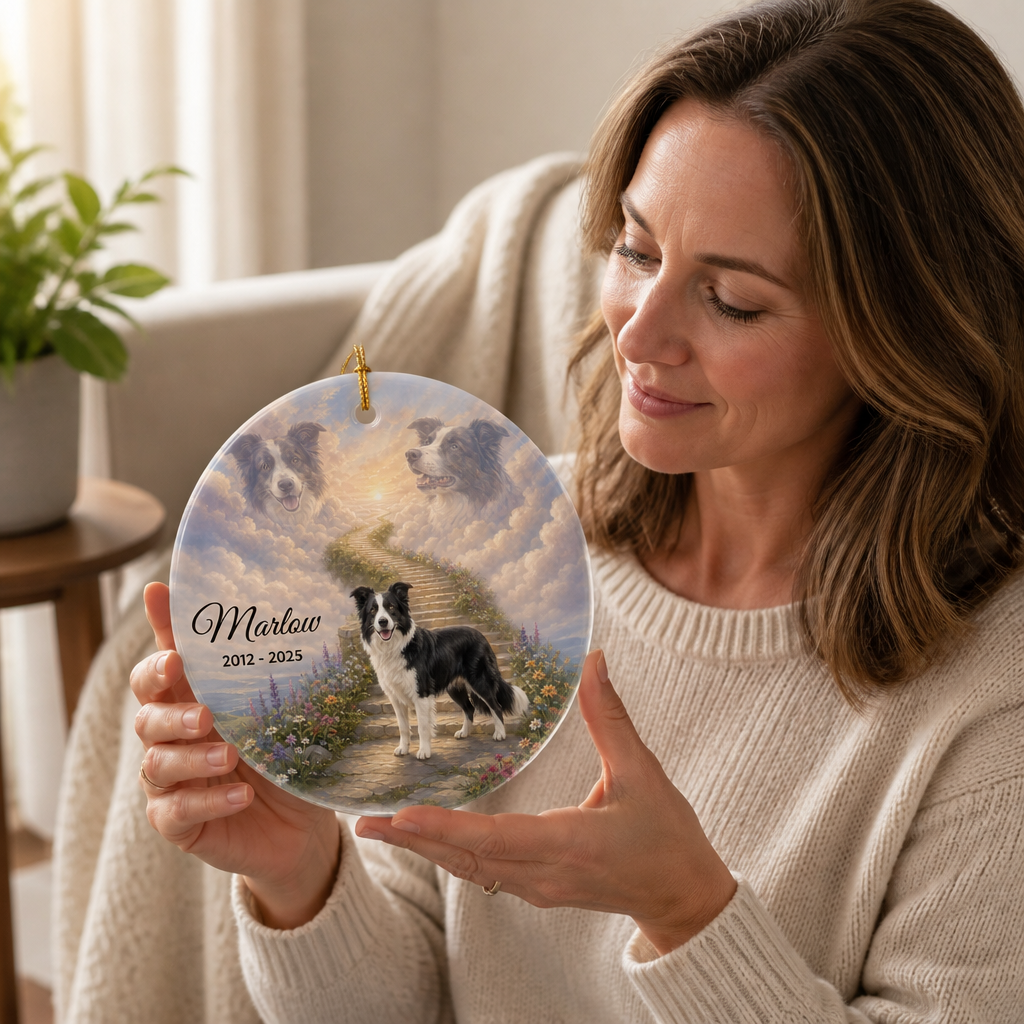 Custom Pet Loss Memorial Ornament, Dog Photo Name Date Acrylic mockup-held-6a840c48f9b0299e98d9f846.png