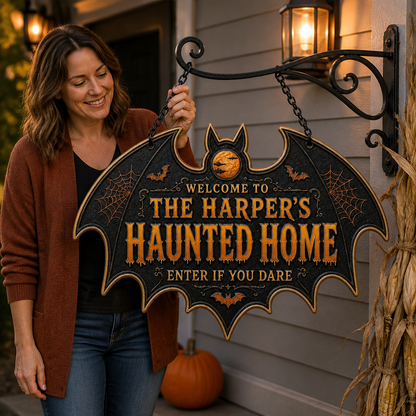 Custom Haunted Home Metal Sign – Personalized Spooky Halloween Home Decor – Gift For Family, Friends mockup-held-6a848aba070509669cb9a6c5.png