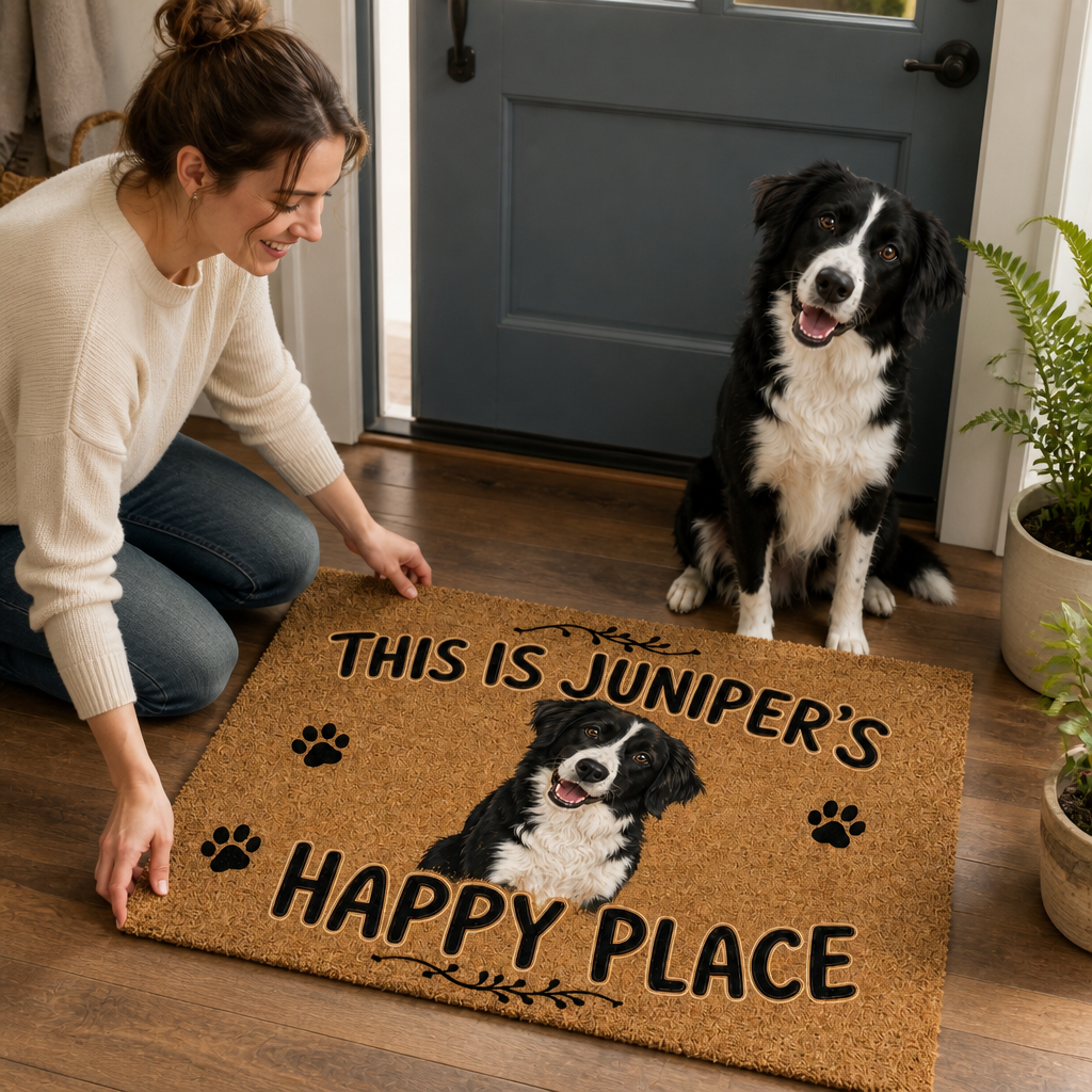 This Is Juniper's Happy Place – Personalized Photo Doormat – Dog Lover Gift mockup-held-6a865ea4c81da78f14943010.png