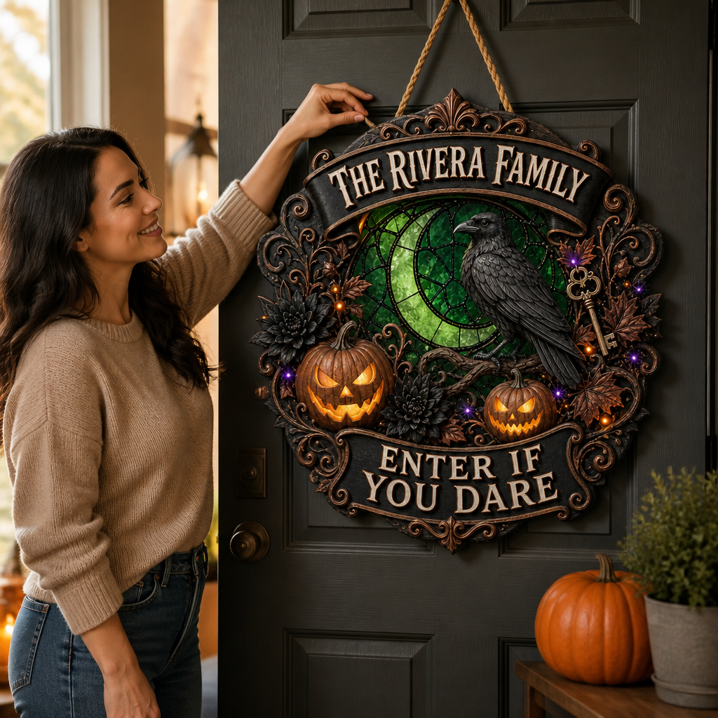 Personalized Raven Halloween Wood Sign – Custom Family Name Gothic Door Hanger, Enter If You Dare Decor mockup-held-6a8663f35dfdfd133e261caf.png