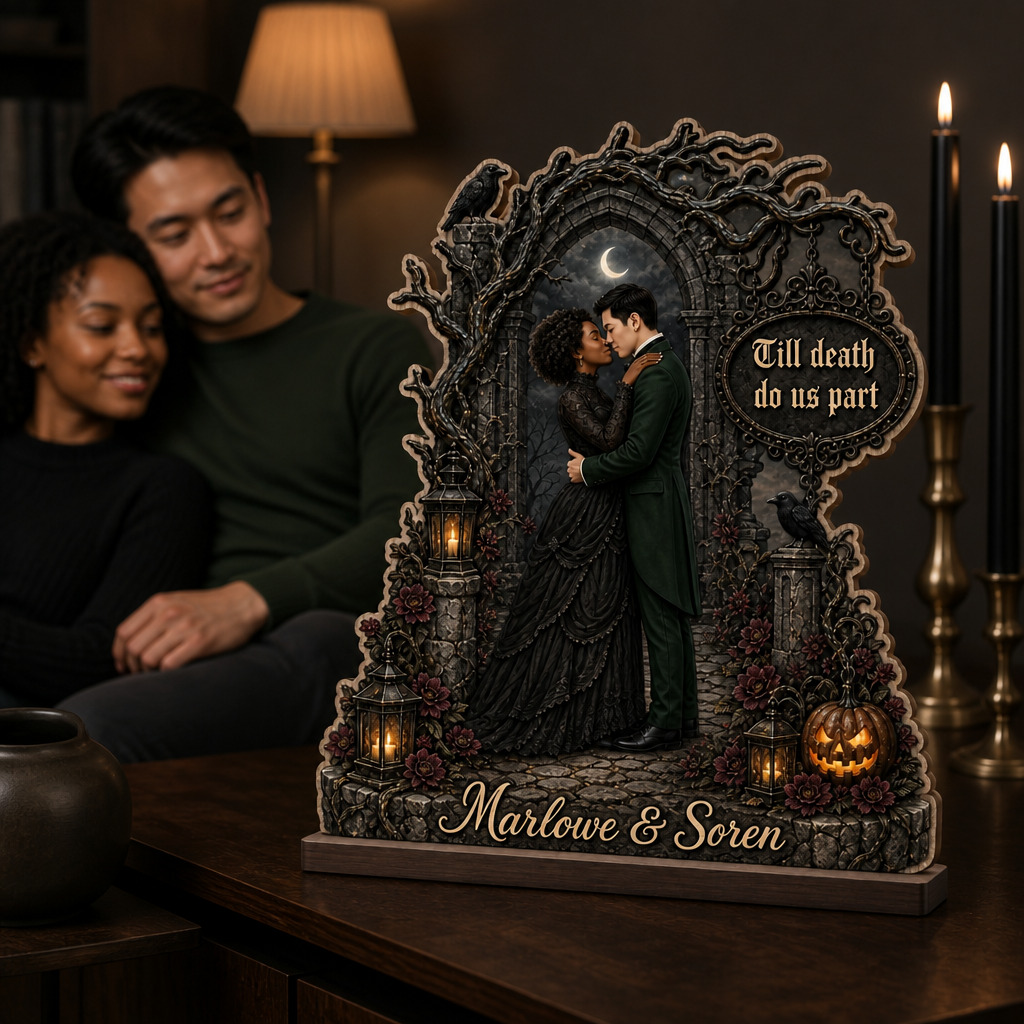 Till death do us part – Personalized Photo 2-Layer Standing Wooden Plaque – Halloween Gift For Couple mockup-held-6a86663ce73d3a4e713e1b23.png