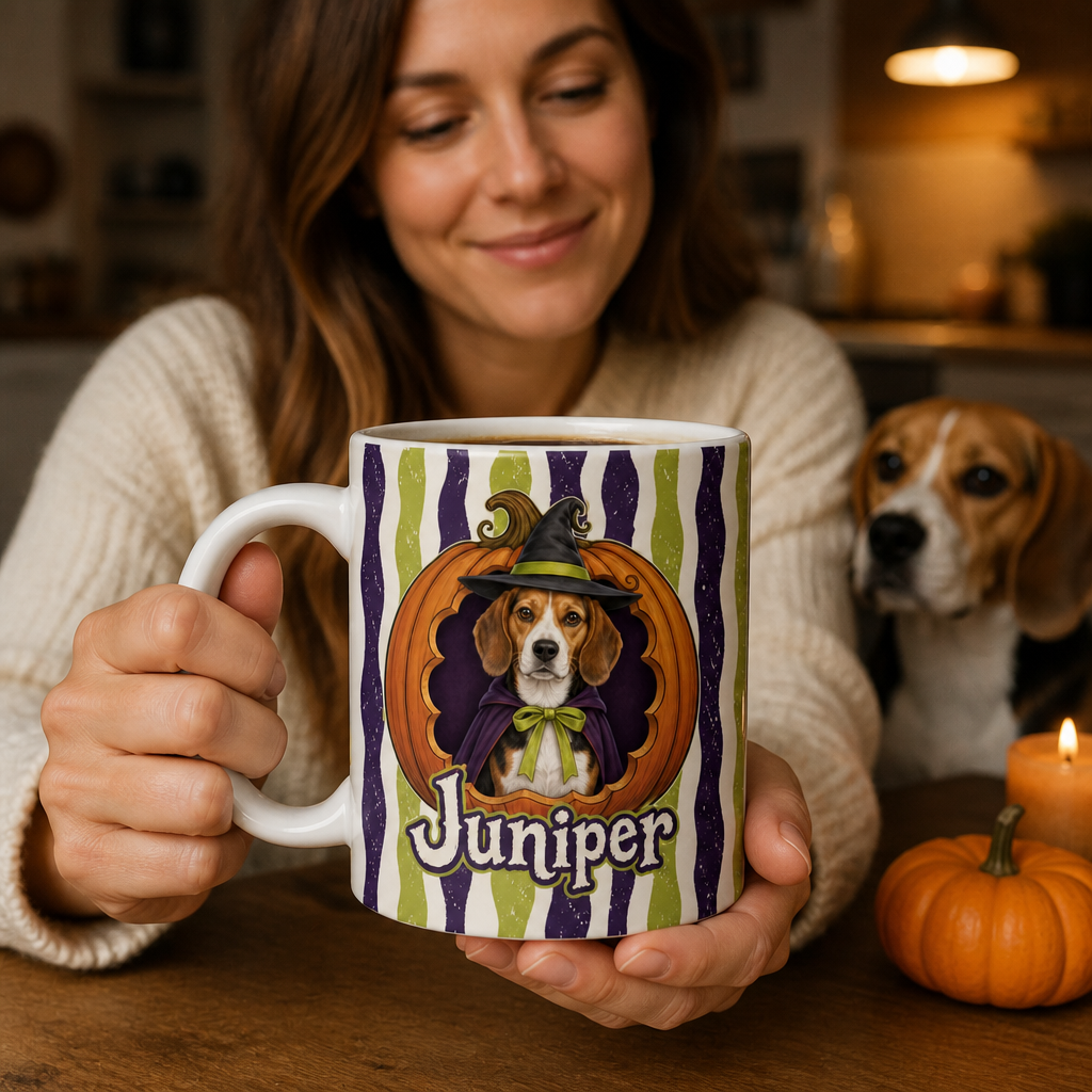Custom Halloween Pet Mug from Photo – Personalized Dog Witch Hat Name Coffee Mug mockup-held-6a8666b6184038a4638fc358.png