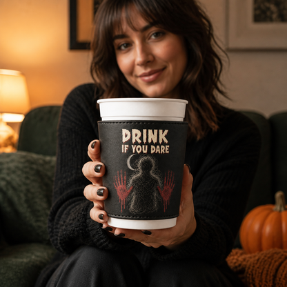 Drink If You Dare – Personalized Leather Cup Cover – Halloween Gift For Friends mockup-held-6a86687f05a7a4a8036c3c8c.png
