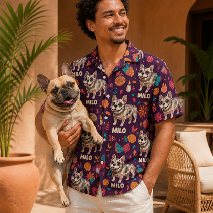 Custom Dia de los Muertos Pet Hawaiian Shirt from Photo – Personalized Dog Name Button Shirt mockup-held-6a8686af18f61dad45c24266.png