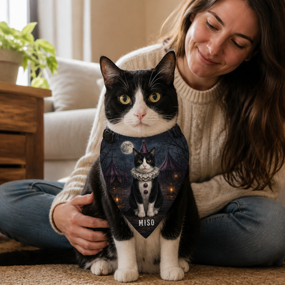 Custom Halloween Pet Bandana from Photo – Personalized Cat Name Gothic Circus Scarf mockup-held-6a8687a152872f8de4cf9df2.png