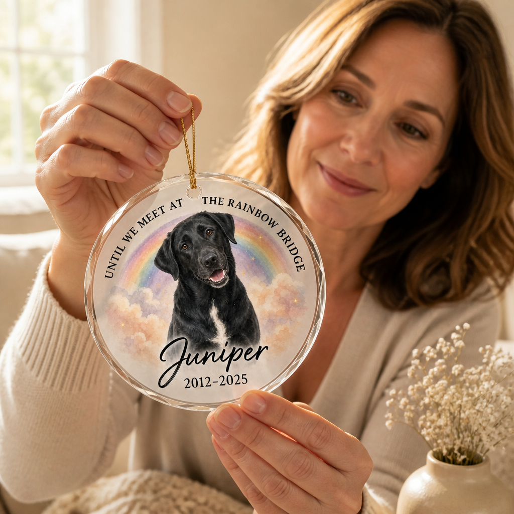 Until We Meet at the Rainbow Bridge – Personalized Photo Crystal Ornament – Memorial Gift mockup-held-6a86ae3d70849920009bbcba.png