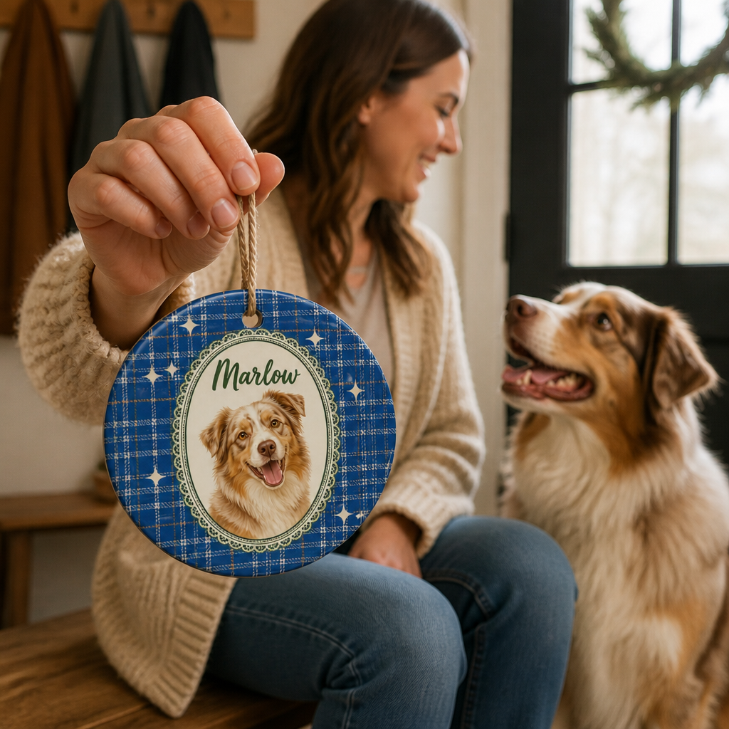 Custom Pet Photo Ceramic Ornament with Name – Personalized Plaid Dog Christmas Gift mockup-held-6a86d08acdaf8b912e079ad2.png