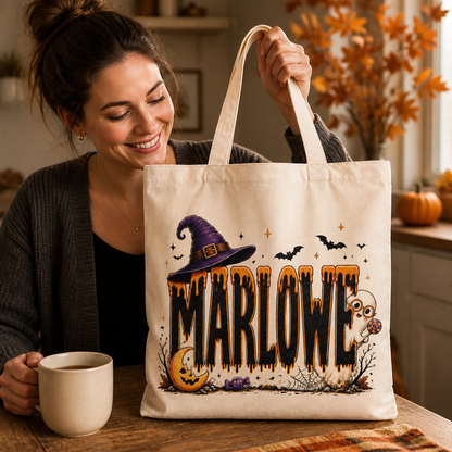Personalized Halloween Name Tote Bag – Custom Cute Ghost & Witch Trick-or-Treat Candy Bag mockup-held-6a87126ceb608cf4321af474.png
