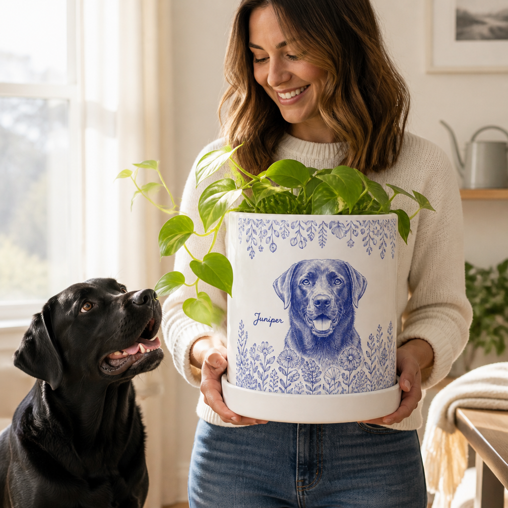 Custom Pet Portrait Plant Pot from Photo – Personalized Dog Name Ceramic Planter mockup-held-6a87b7a69b36ed8539d733be.png