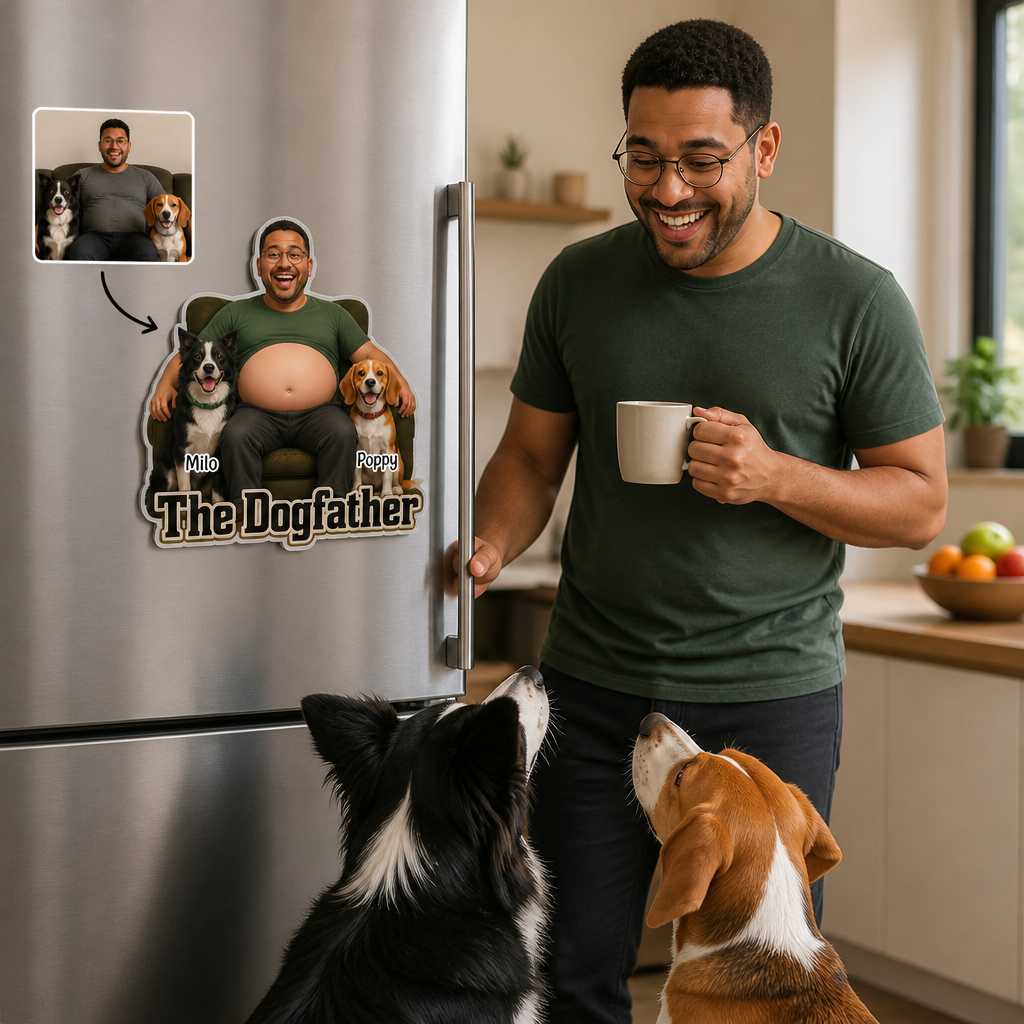 The Dogfather – Personalized Photo Acrylic Refrigerator Magnet - Soft Rubber Belly – Dog Lover Gift mockup-held-6a880a32ba7566cffc515cb5.png
