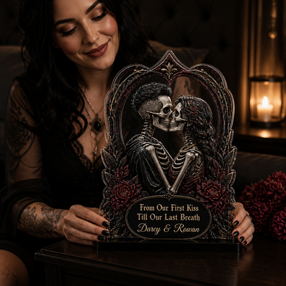 Personalized Gothic Skeleton Couple Acrylic Plaque – Halloween Anniversary Gift for Husband, Wife or Soulmate mockup-held-6a89c8a5867f01155d255a3b.png