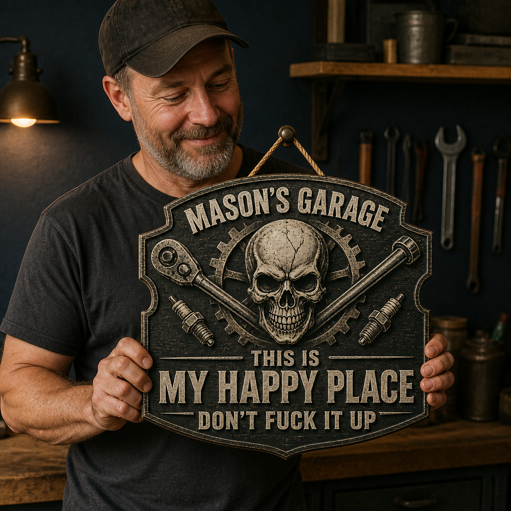 Personalized Skull Garage Wood Sign – Custom Happy Place Man Cave Sign, Rustic Mechanic Halloween Gift for Dad, Husband or Him mockup-held-6a89cbcd084e4464e2c74d00.png
