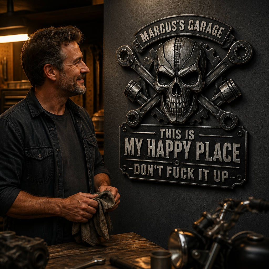 My Garage, My Rules Personalized Metal Sign – Skull Mechanic Wall Decor, Funny Gift for Dad, Husband & Gearheads mockup-held-6a8af5e4229e604db04cd01f.png