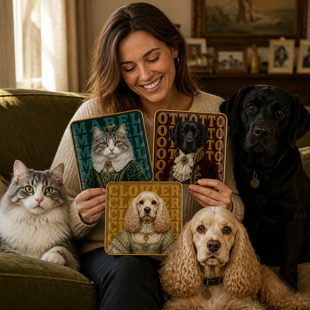 Custom Royal Pet Portrait Coaster from Photo – Personalized Renaissance Dog & Cat Name Gift mockup-held-6a8d101c9b19c395055a5f43.png