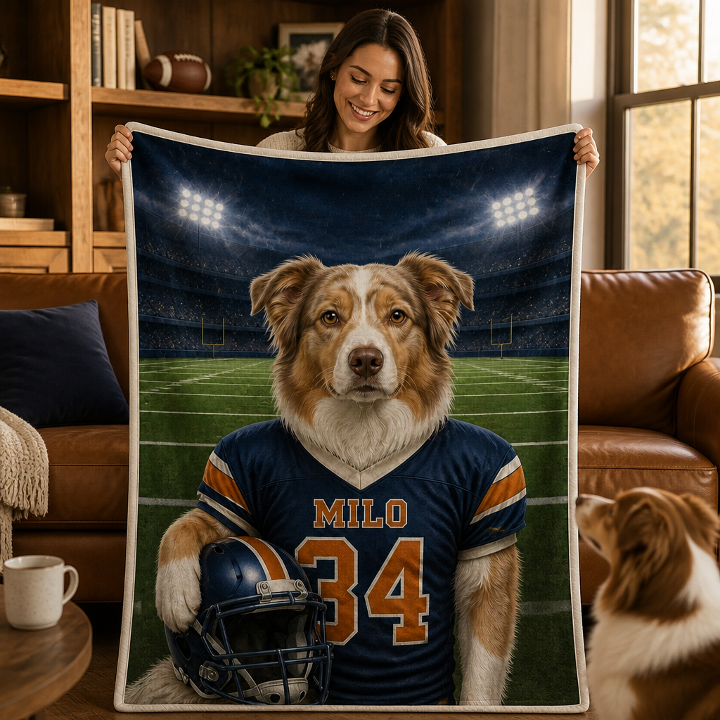 Custom Football Pet Portrait Blanket from Photo – Personalized Dog Name & Number Jersey Gift mockup-held-6a8d103b9b19c395055a5f44.png