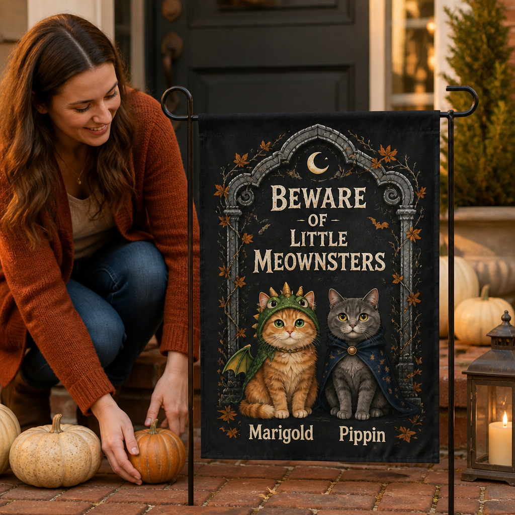 Beware of Little Meownsters – Personalized Photo Flag – Halloween Gift mockup-held-6a8d10919b19c395055a5f45.png