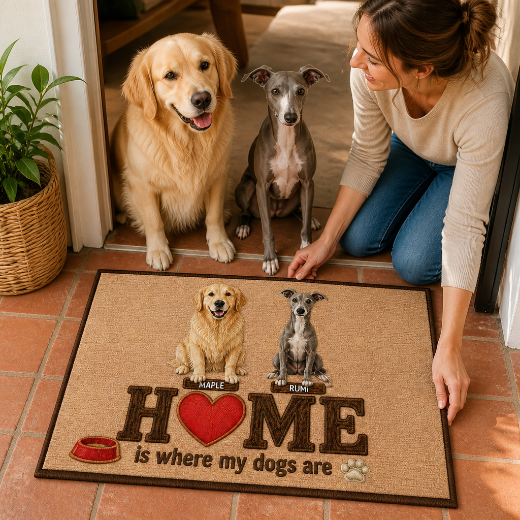 HOME is where my dogs are – Personalized Photo Doormat – Dog Lover Gift mockup-held-6a8d10bc9b19c395055a5f47.png