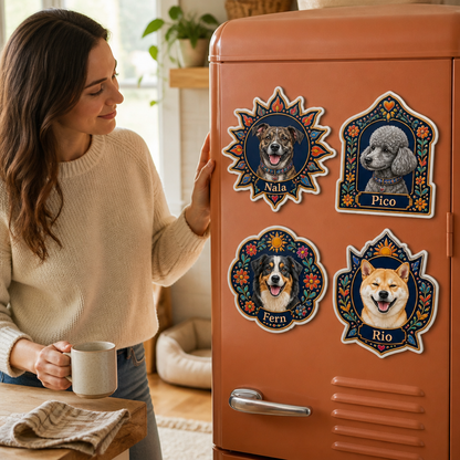 Custom Pet Photo Fridge Magnet with Name – Personalized Folk Art Dog Portrait Magnet mockup-held-6a8d47757f194cc130492811.png
