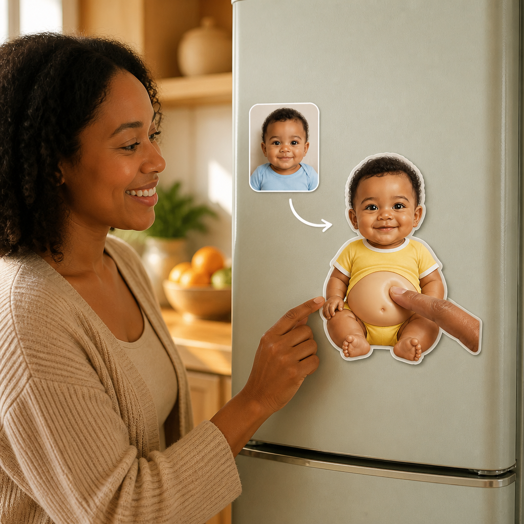 Custom Baby Photo Belly Magnet – Personalized Squishy Belly Fridge Magnet for New Mom mockup-held-6a8d61a681d7a9052f10e40d.png