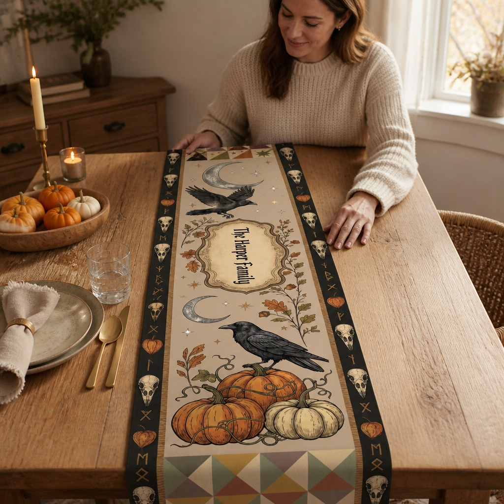 Harvest Moon Raven Personalized Table Runner – Custom Family Name Gothic Fall & Halloween Dining Decor mockup-held-6a8e43f2ed9dbd8c04ba5221.png