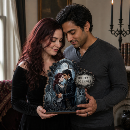 Till Death Do Us Part – Personalized Photo 2-Layer Standing Wooden Plaque – Dark Romance Anniversary & Halloween Gift For Couple mockup-held-6a8e46d06874ebd7ebdd70f3.png