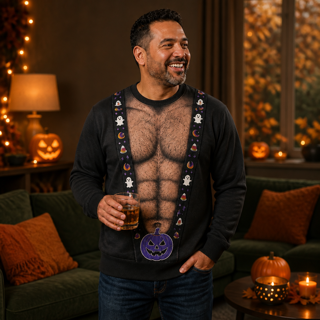 Barely Dressed for Halloween Funny Ugly Sweatshirt – Faux Hairy Chest & Spooky Suspenders Sweater, Hilarious Halloween Party Gift for Dad, Husband or Him mockup-held-6a8e48676874ebd7ebdd70fa.png