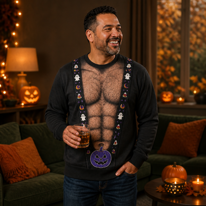 Barely Dressed for Halloween Funny Ugly Sweatshirt – Faux Hairy Chest & Spooky Suspenders Sweater, Hilarious Halloween Party Gift for Dad, Husband or Him mockup-held-6a8e48676874ebd7ebdd70fa.png