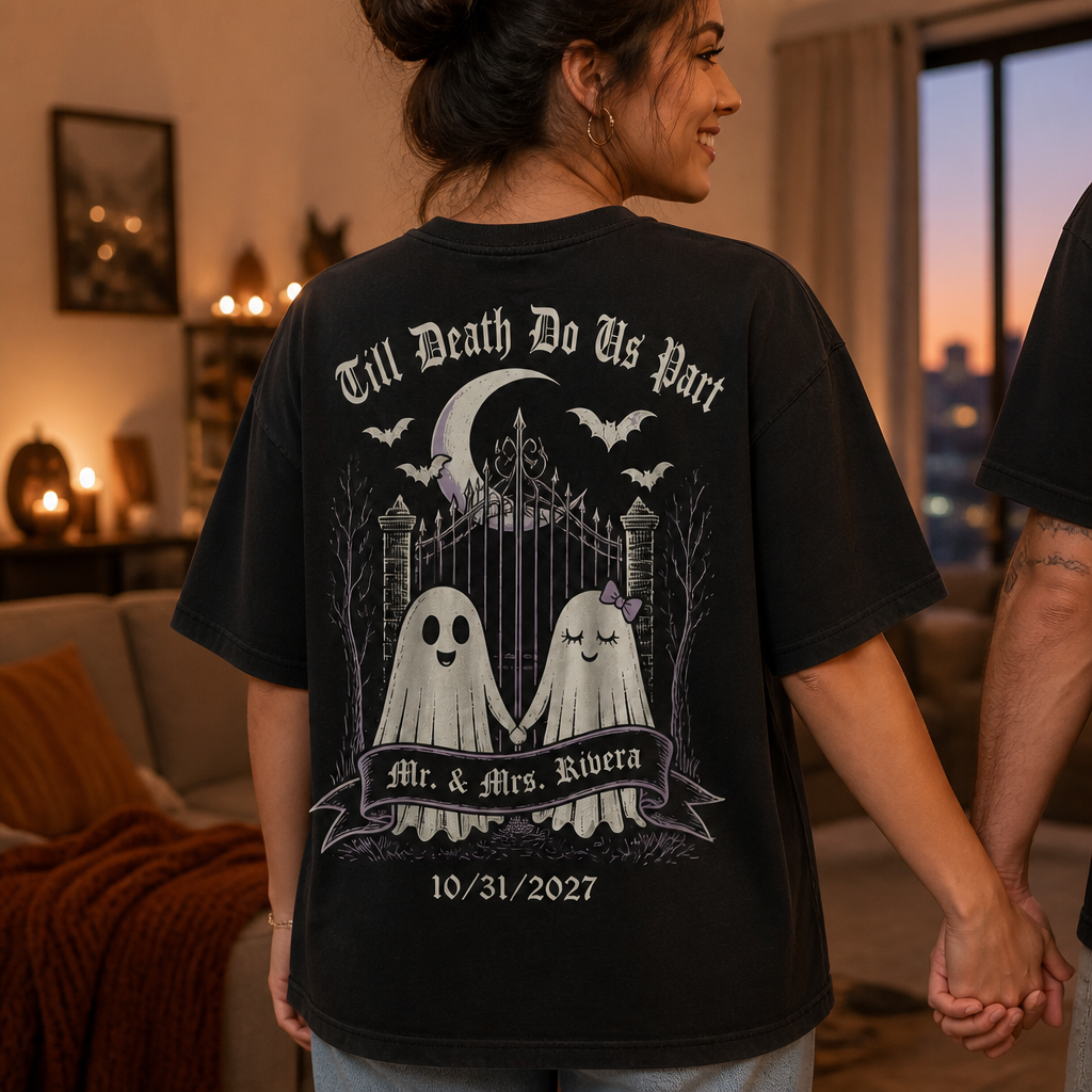 Till Death Do Us Part Ghost Couple T-Shirt – Personalized Mr. & Mrs. Halloween Wedding Shirt, Custom Bride and Groom Spooky Newlywed Gift mockup-held-6a8e4fbdfa19bf7517631fe8.png