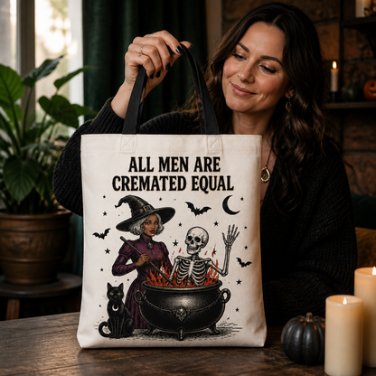All Men Are Cremated Equal – AOP Tote – Halloween Gift For Friend, Hers, Hims mockup-held-6a8e5105fa19bf7517631fed.png