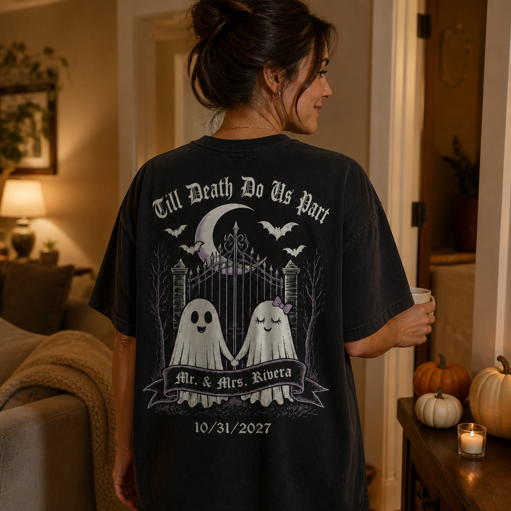 Till Death Do Us Part Ghost Couple T-Shirt – Personalized Mr. & Mrs. Halloween Wedding Shirt, Custom Bride and Groom Spooky Newlywed Gift mockup-held-6a8e5135fa19bf7517631fee.png
