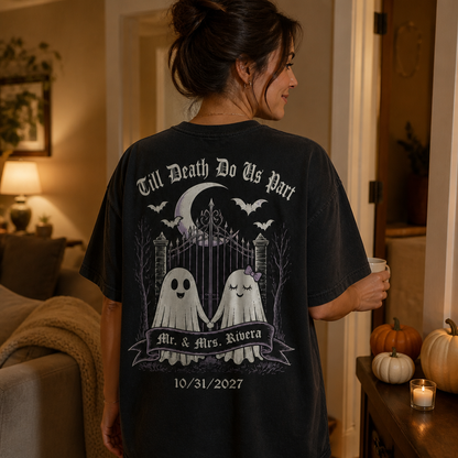 Till Death Do Us Part Ghost Couple T-Shirt – Personalized Mr. & Mrs. Halloween Wedding Shirt, Custom Bride and Groom Spooky Newlywed Gift mockup-held-6a8e5135fa19bf7517631fee.png