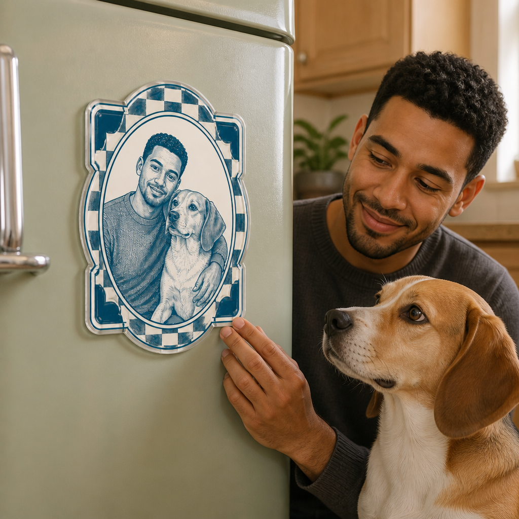 Custom Photo Fridge Magnet – Personalized Pet & Owner Portrait Sketch Magnet Gift mockup-held-6a8e9b380398686ff7c96971.png