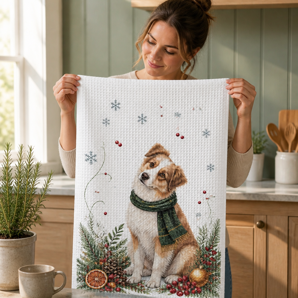 Custom Pet Portrait Christmas Kitchen Towel from Photo – Personalized Dog Tea Towel Gift mockup-held-6a8e9b75b3f97f2aa7a211ef.png