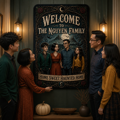 Personalized Haunted Family Metal Sign – Custom Family Portrait & Name, “Home Sweet Haunted Home” Halloween Gift, Decor mockup-held-6a923799da95b20904c51250.png