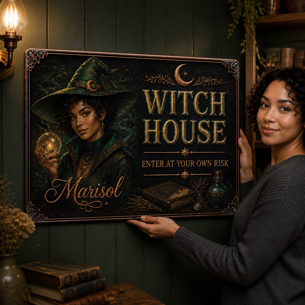 Personalized Witch Metal Sign – Custom Photo & Name, Halloween Home Decor Gift mockup-held-6a92383cda95b20904c51252.png