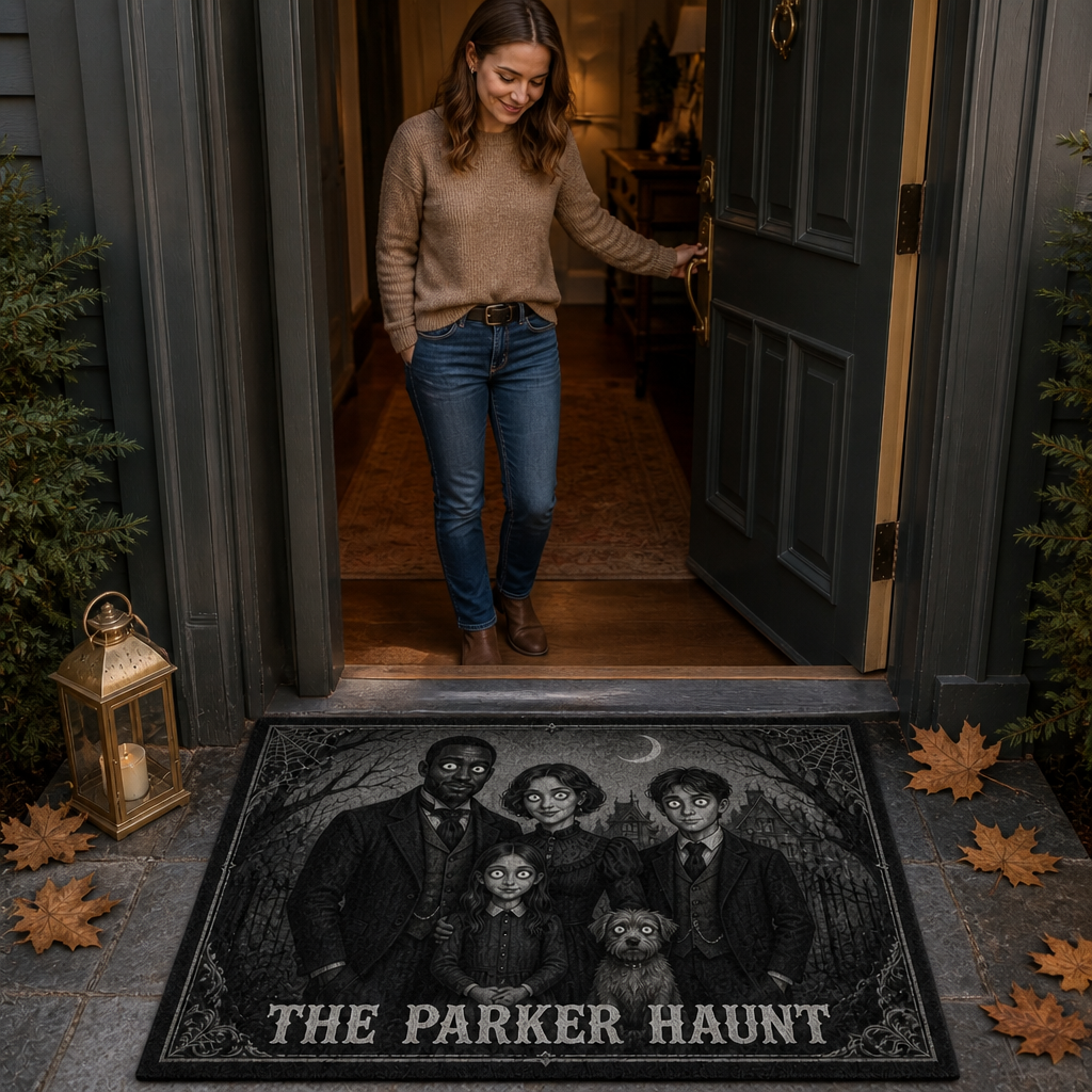 Personalized Family Photo Doormat – Custom Gothic Halloween Portrait Mat, Creepy Victorian Front Door Decor mockup-held-6a923f013a3b40253d05519c.png