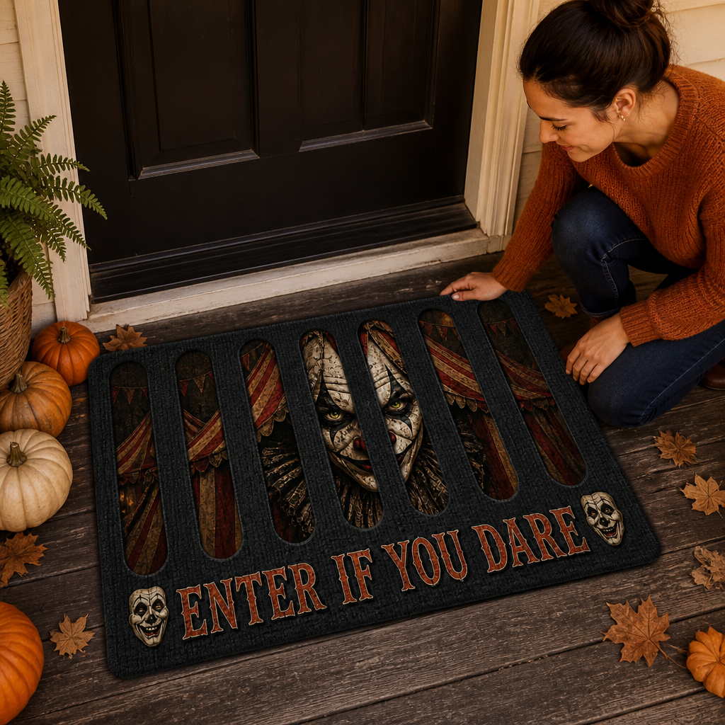 Enter If You Dare Creepy Clown Doormat – Custom Shape Halloween Horror Mat, Haunted Carnival Front Door Decor mockup-held-6a923f0b4550ba076ba50a43.png