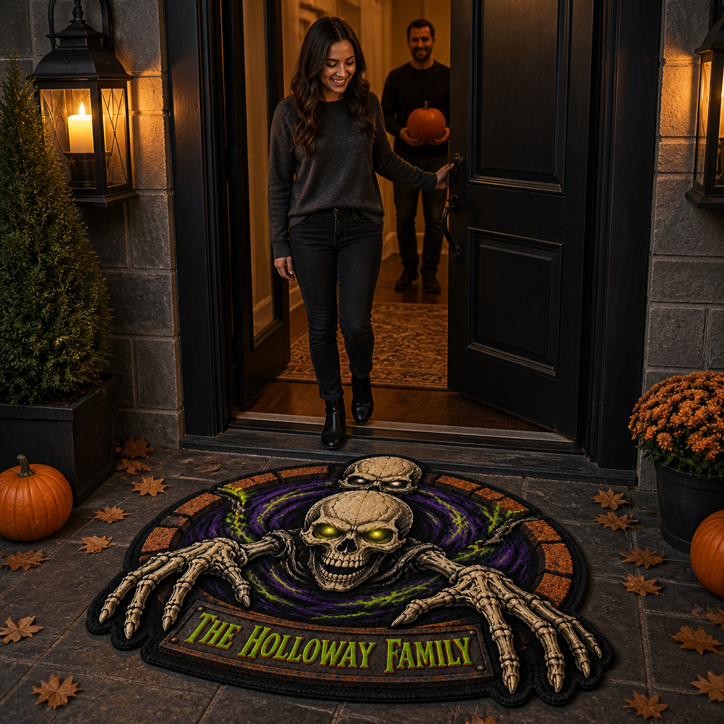 Graveyard Rising Personalized Family Doormat – Custom Shape 3D Skeleton Halloween Mat, Creepy Front Door Decor with Family Name mockup-held-6a923f18c4e84056e0a67b49.png