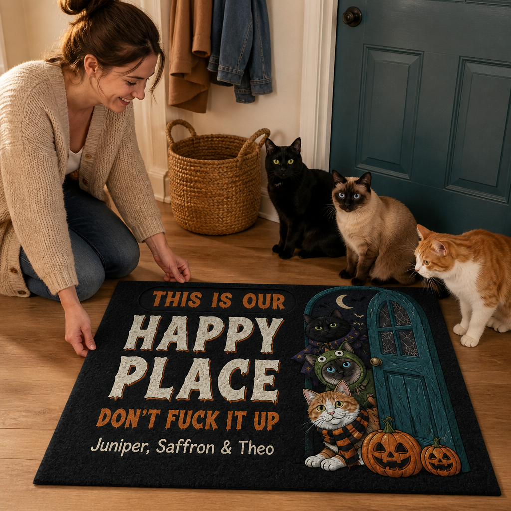 Our Happy Place Personalized Pet Photo Doormat – Custom Halloween Cat Portrait Mat, Funny Spooky Front Door Decor for Cat Lovers mockup-held-6a9241513a3b40253d05519e.png
