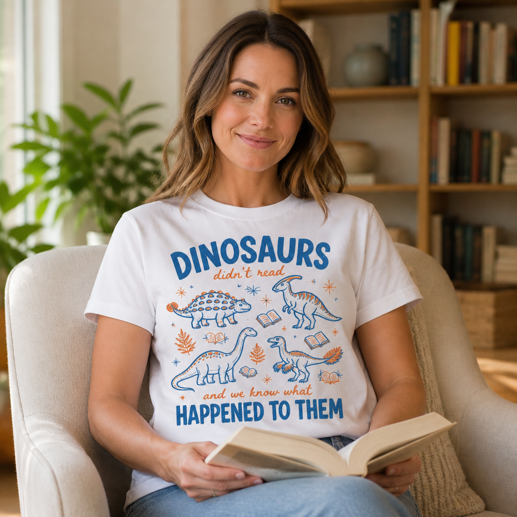 Dinosaurs Didn’t Read Personalized T-Shirt – Funny Book Lover Dinosaur Tee, Retro Reading Shirt for Teachers, Librarians & Nerdy Friends mockup-held-6a94e2dbe863e3e485668087.png