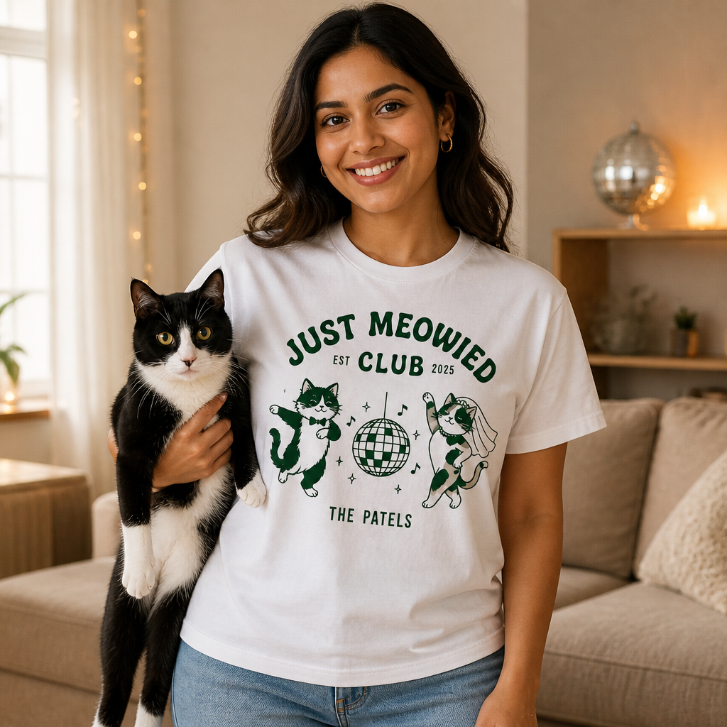 Just Meowied Personalized Cat Wedding T-Shirt – Funny Newlywed Couple Tee, Custom Family Name Gift for Cat Lovers mockup-held-6a94e9f577c72ade148c9cfa.png