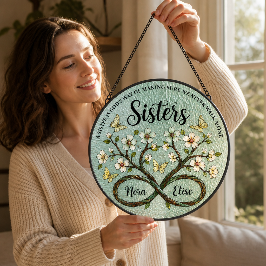 A Sister Is God's Way of Making Sure We Never Walk Alone – Personalized Suncatcher Stained Glass – Gift For Sister, Friends, Bestie mockup-held-6a9539f4c1703001d499ccff.png
