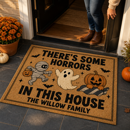 There's Some Horrors – Personalized Doormat – Custom Family Welcome Mat with Ghost, Mummy & Pumpkin, Funny Spooky Front Porch Decor Gift, Halloween Gift mockup-held-6a9544a5e09e3fe103a9e230.png