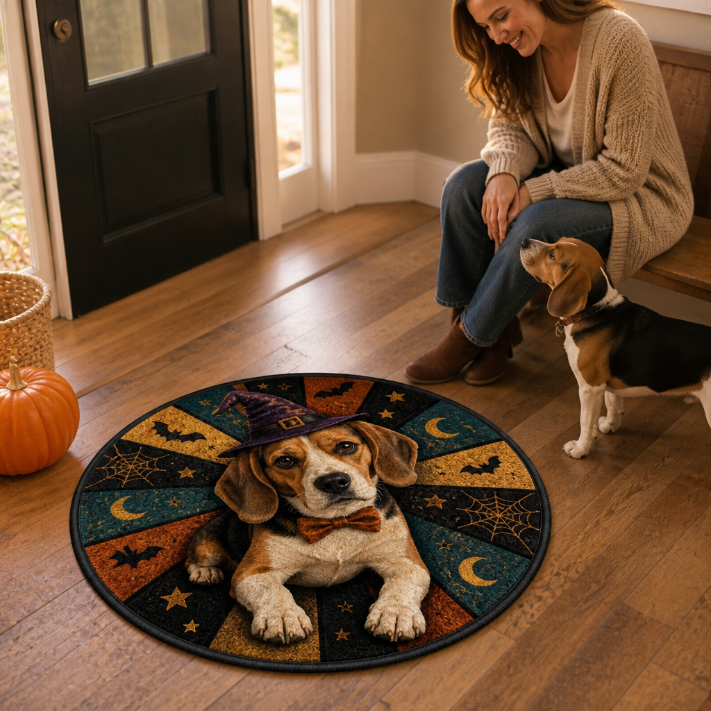 Custom Halloween Pet Photo Doormat – Personalized Witch Hat Dog Round Door Mat mockup-held-6a98db0325920d94b7eca2ea.png